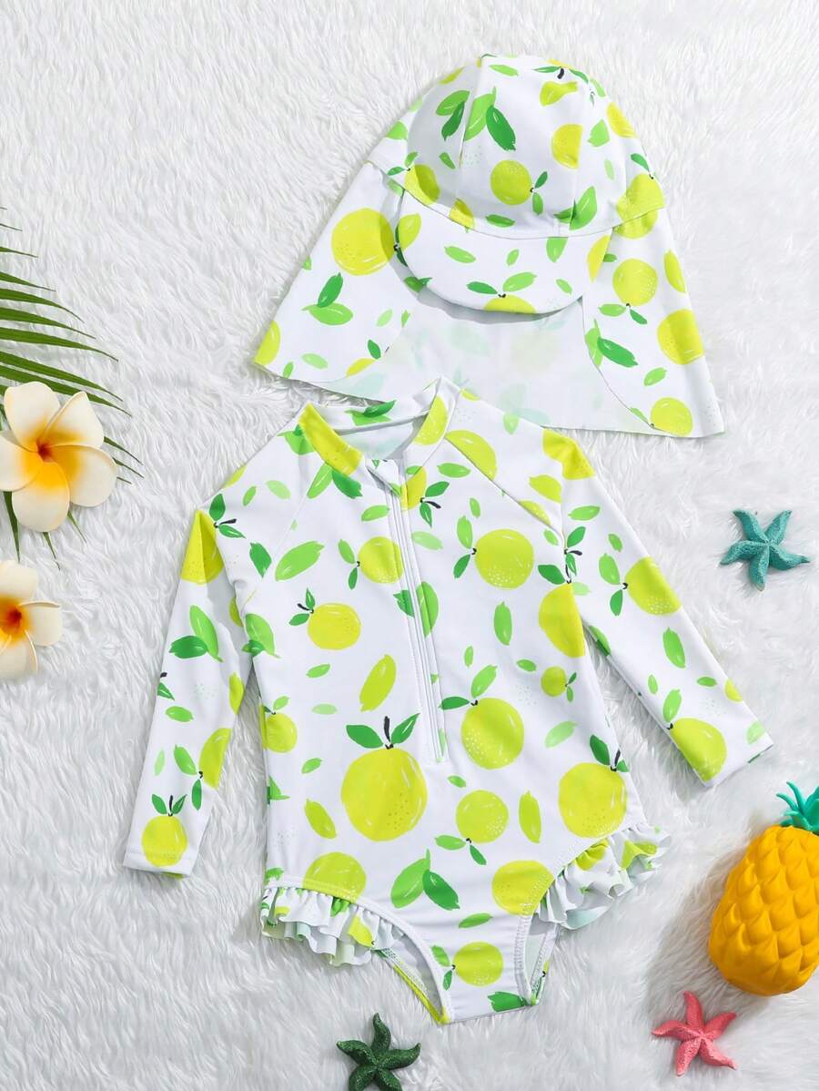 Baby Girl Fruit Print One Piece Swimsuit Including Hat - Green - View 1
