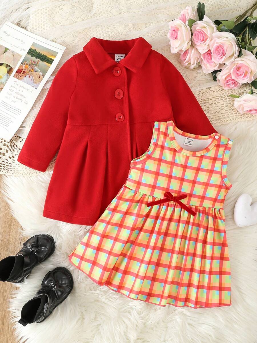Em bé Cô gái Len áo Twill Bộ váy , Thanh lịch & Dễ thương Kẻ sọc Màu hồng 2 Miếng - Đỏ - Xem 1