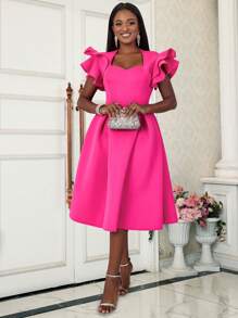 Women's Sweetheart Neck Ruffle Hem Flare Hem Party Graduation Dress With Short Bell Sleeves Wedding Elegant Spring - Hot Pink - View 3