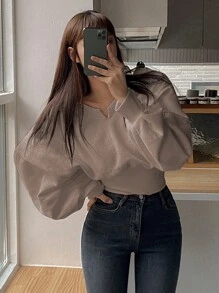 DAZY Solid Color Notched Collar Sweatshirt,Long Sleeve Tops,Fall Clothes - Khaki - View 5