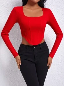 SHEIN Essnce 女款純色t恤 - 紅色 - 查看 5