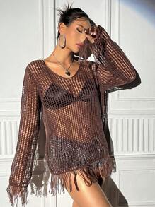 SHEIN Unity 女士镂空针织毛衣，不含胸罩，秋冬针织套头衫 - 棕色 - 查看 6