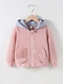 SHEIN 幼兒女童格式毛絨帽夾克,對比色及毛茸茸效果 - 彩色 - 查看 7