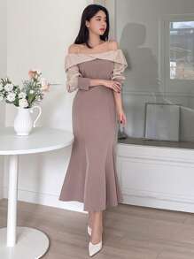 Dazy Star Khối màu Off-shoulder Tay áo Đuôi cá Hem Đầm - Màu be - Xem 1