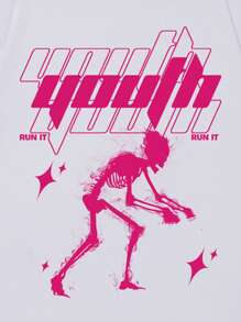 ROMWE MEN Street Life Men's Letter & Skull Print Short Sleeve T-Shirt, School - White - View 3