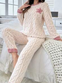 Conjunto de pijama de dos piezas con bordado de estrellas, suave y esponjoso, ropa de otoño e invierno, acogedor - Albaricoque - Ver 3