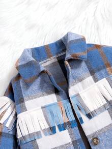 SHEIN 女童藍色格子翻領大衣 - 藍色 - 查看 4