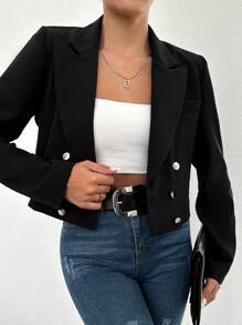 EURMUSE 女性雙排扣短款西裝外套 - 黑色 - 查看 4