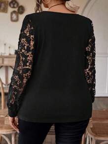 SHEIN Clasi Kích thước lớn Ren Vá lại Áo thun - màu đen - Xem 2