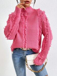 SHEIN LUNE 女用流蘇立領套頭毛衣 - 玫紅色 - 查看 5