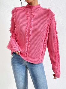 SHEIN LUNE 女用流蘇立領套頭毛衣 - 玫紅色 - 查看 6