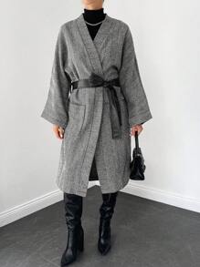 SHEIN Cottnline Herringbone Print Drop Shoulder Belted Overcoat - Grey - View 4
