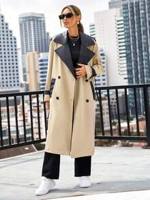 Aveloria Spliced Pu Belt Trench Coat - Khaki - View 5