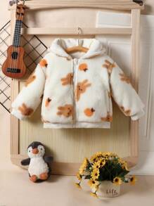 Baby Girl Bear Pattern Hooded Teddy Jacket - Beige - View 1