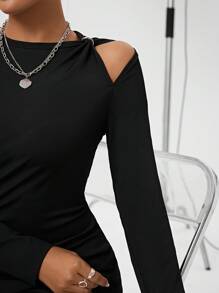 SHEIN Essnce 女士肩部剪裁高開衩連衣裙 - 黑色 - 查看 6