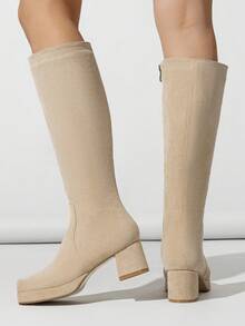 时尚高筒及膝靴，方头，侧拉链，防水厚底，时尚优雅，适合女性 - 杏色 - 查看 8