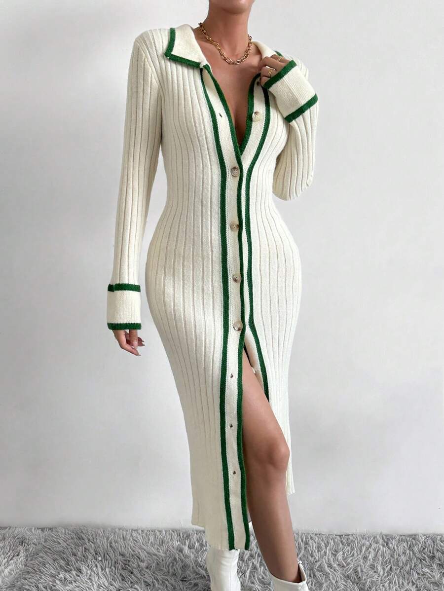 SHEIN Clasi Striped Trim Button Front Sweater Dress Fall Winter Cloth For Women - Multicolor - View 1