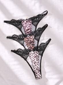 3入組女士豹紋黑色蕾絲丁字褲 - 彩色 - 查看 2