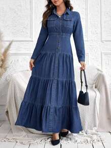 EMERY ROSE Women's Denim Multi-Layer Shirt Dress, Fall Women Clothes