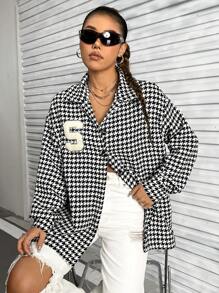 Lunelith SHEIN Lunessa Abrigo De Lana De Manga Larga A Cuadros Houndstooth Para Mujer