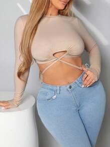 SHEIN SXY 女款性感中空交叉肩帶卡其長袖t恤