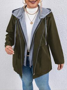 Calvaya 加大碼束口腰設計兩件式連帽外套 - 軍綠色 - 查看 1