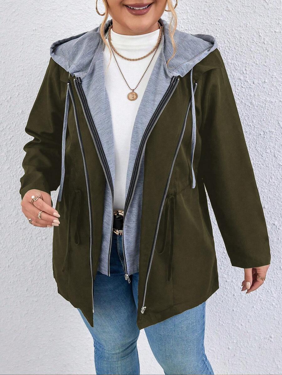 Calvaya 加大碼束口腰設計兩件式連帽外套 - 軍綠色 - 查看 1