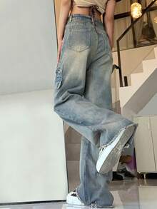 Zipper Detail Wide Leg Jeans - Medium Wash - View 2