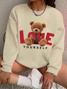 SHEIN EZwear Gấu & Mẫu Vòng cổ Thả vai Tay áo Áo nỉ - Màu Mù tạt vàng - Xem 3