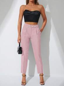 SHEIN Pantalones Anchos Con Cinturón Y Bolsillo Lateral - Rosa vieja - Ver 4
