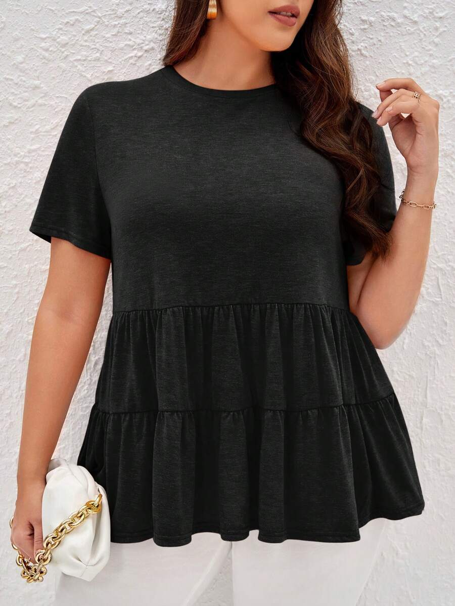 SHEIN LUNE Plus Marled Knit Smock Top - Black - View 1