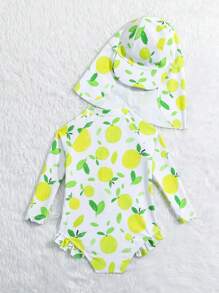 Baby Girl Fruit Print One Piece Swimsuit Including Hat - Green - View 2