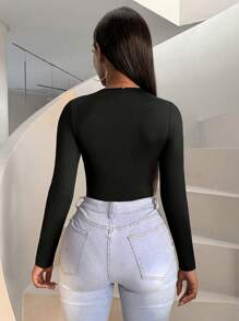 SHEIN Slayr Của phụ nữ Chi tiết Nút Cổ chữ V sâu Áo liền quần chặt - màu đen - Xem 2
