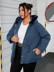 SHEIN EZwear 大码女式夹棉大衣，带毛领和拉链 - 淺藍色 - 查看 3