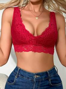 女士内衣蕾丝无钢圈文胸，后背带绑带 - 酒紅色 - 查看 1