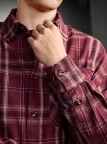 Manfinity RebelGame Nam Dệt Giải trí Kẻ sọc Áo sơ mi - Màu Đỏ Sâu - Xem 4