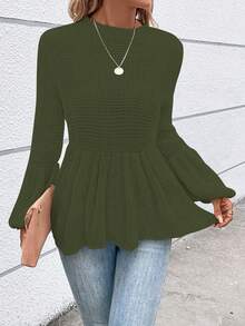 SHEIN LUNE 女款實色燈籠袖毛衣,褶邊下擺設計 - 綠色 - 查看 3