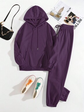 INAWLY Conjunto de sudadera con capucha y pantalones morados para mujer con cordón