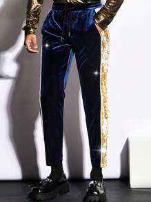 GENTILAND 男撞色側縫抽繩腰部天鵝絨長褲 - 藏蓝色 - 查看 1