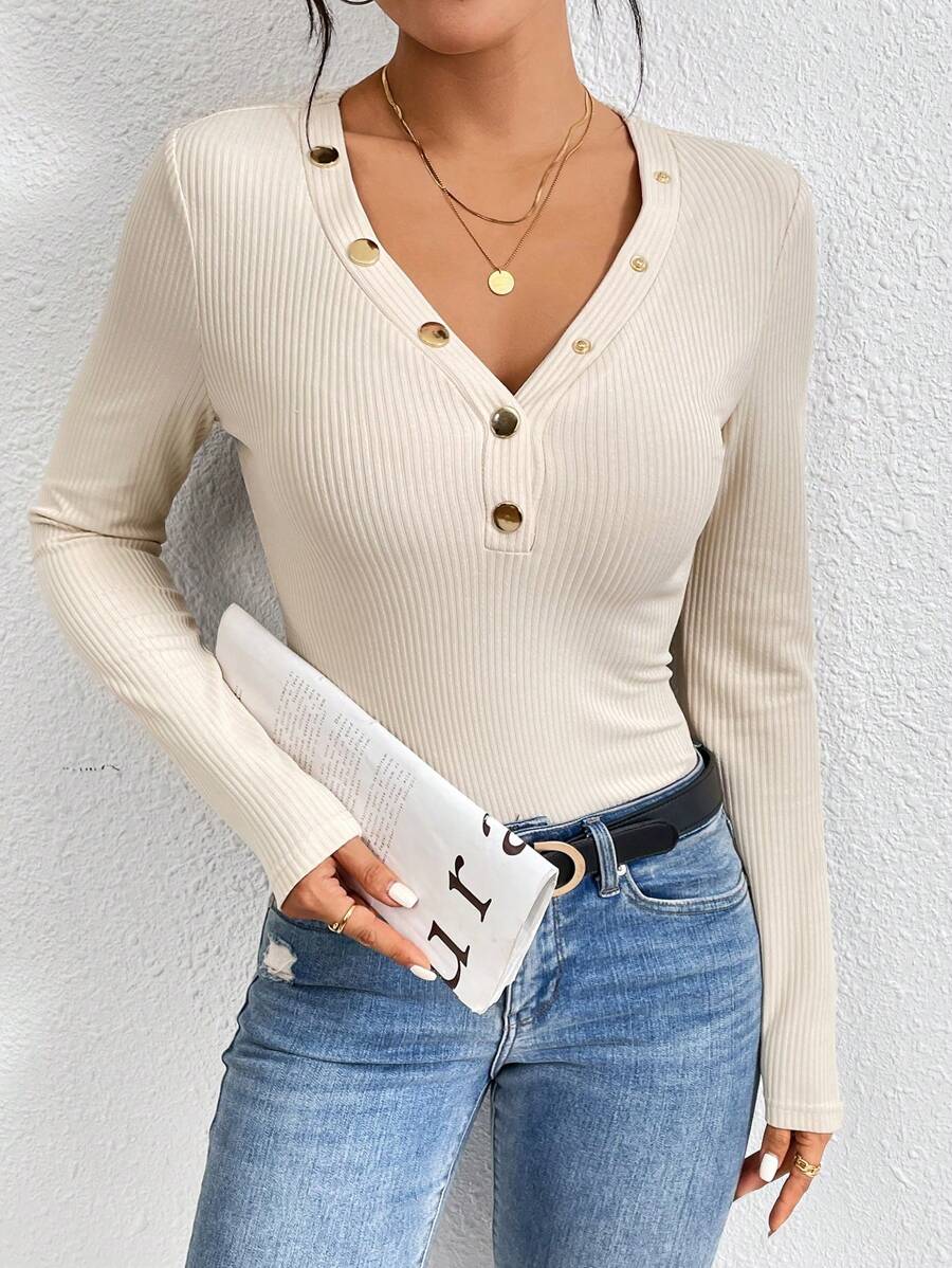 SHEIN LUNE เสื้อยืด รายละเอียดปุ่ม ผ้าริบถัก SHEIN TH