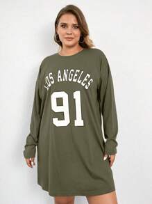 RueChic 字母印花大碼長袖洋裝 - 橄欖綠 - 查看 3