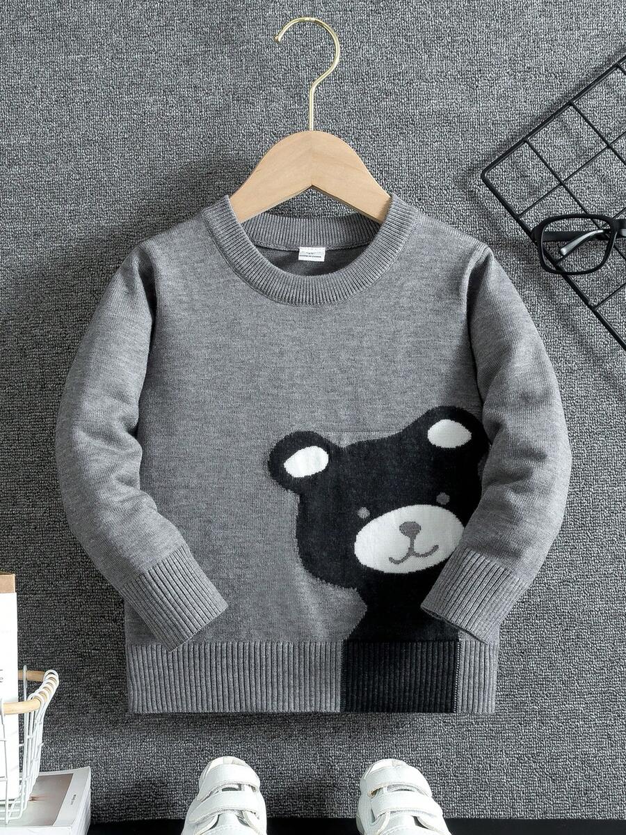 SHEIN 男童灰熊卡通圖案提花針織套頭毛衣,休閒假日毛衣 - 淺灰色 - 查看 1