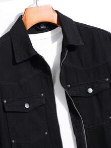 Manfinity Homme Men's Loose Fit Denim Jacket With Flip-Cuffs And Zippered Pockets - Black - View 6