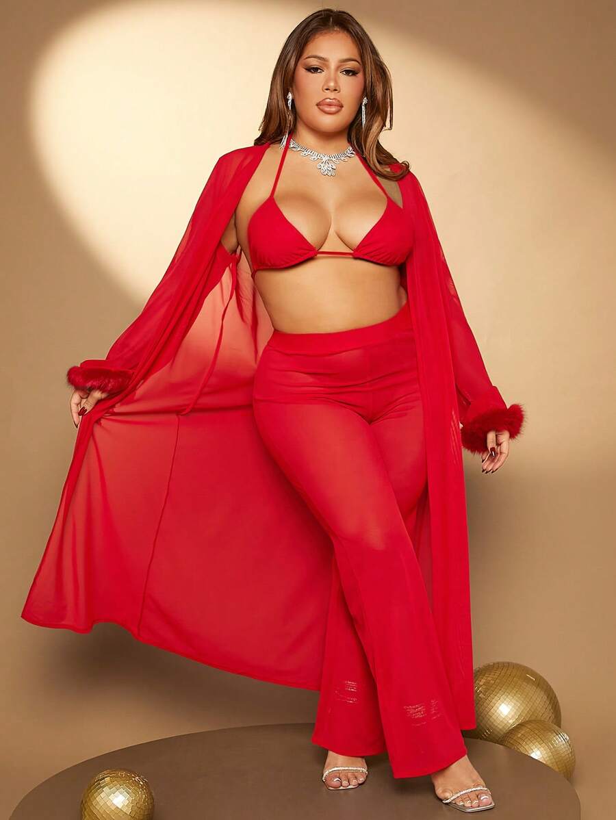 SHEIN SXY Kích thước lớn Của phụ nữ Năm mới Đỏ  Cổ tay áo áo , Áo hai dây Và Quần Bộ - Đỏ - Xem 1