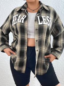 Flirla Kích thước lớn In kẻ sọc Áo sơ mi Với Viết chữ Thiết kế - Nhiều màu - Xem 1