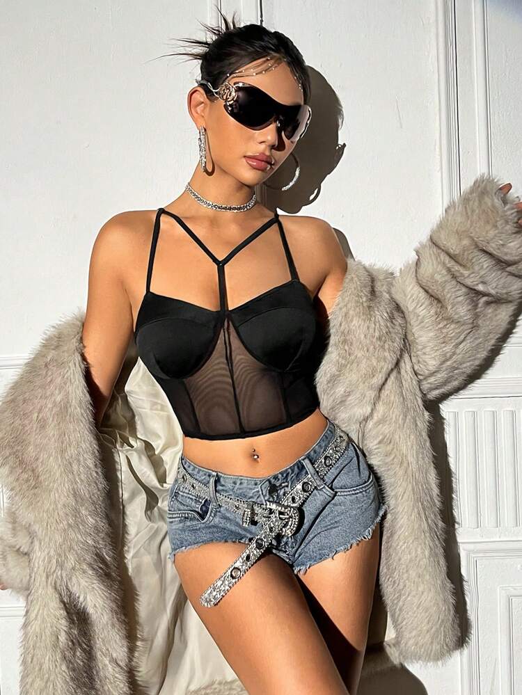 Women's Black Mesh Spaghetti Strap Camisole