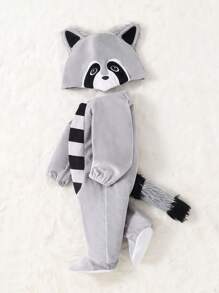 SHEIN 嬰兒男童3d浣熊圖案連身衣與刺繡帽子 - 灰色 - 查看 1