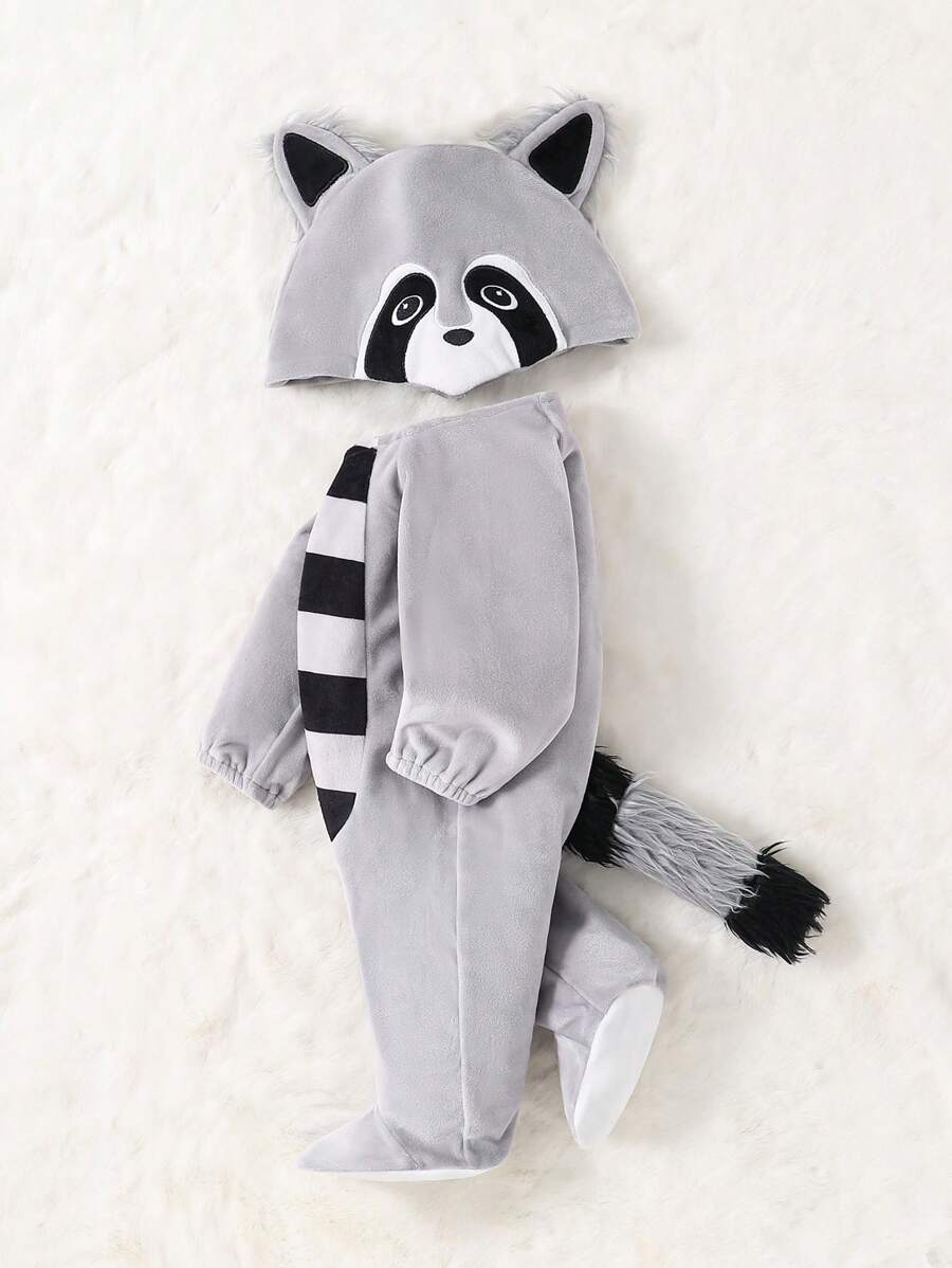 SHEIN 嬰兒男童3d浣熊圖案連身衣與刺繡帽子 - 灰色 - 查看 1