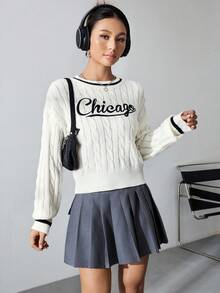 SHEIN Qutie Women's Round Neckline Cable Knitted Sweater With Drop Shoulder, Letter Embroidery - Beige - View 6