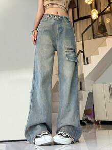 Zipper Detail Wide Leg Jeans - Medium Wash - View 1
